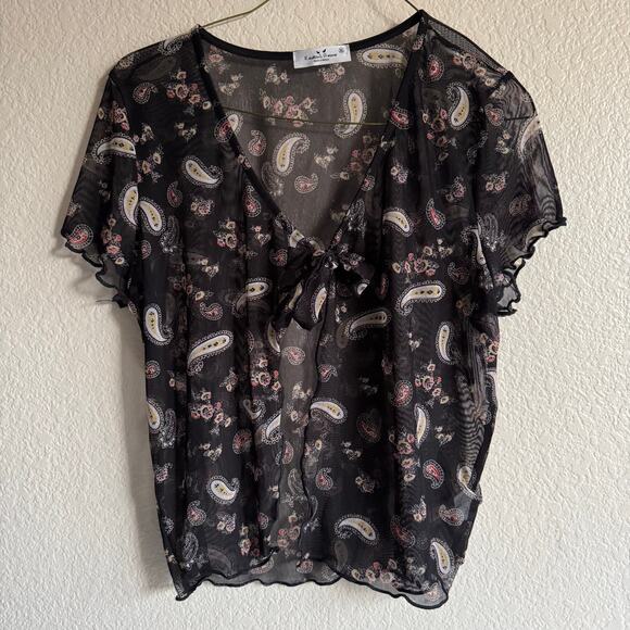 Rebellious Dreamer Paisley Floral Mesh Tie-Front Y2K Romantic Goth Chic Black XL - Picture 2 of 7